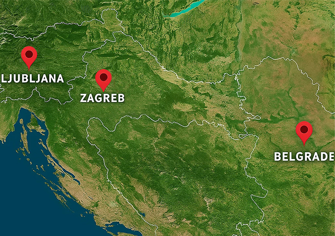Map of countires Slovena, Croatia and Serbia and their capital cities